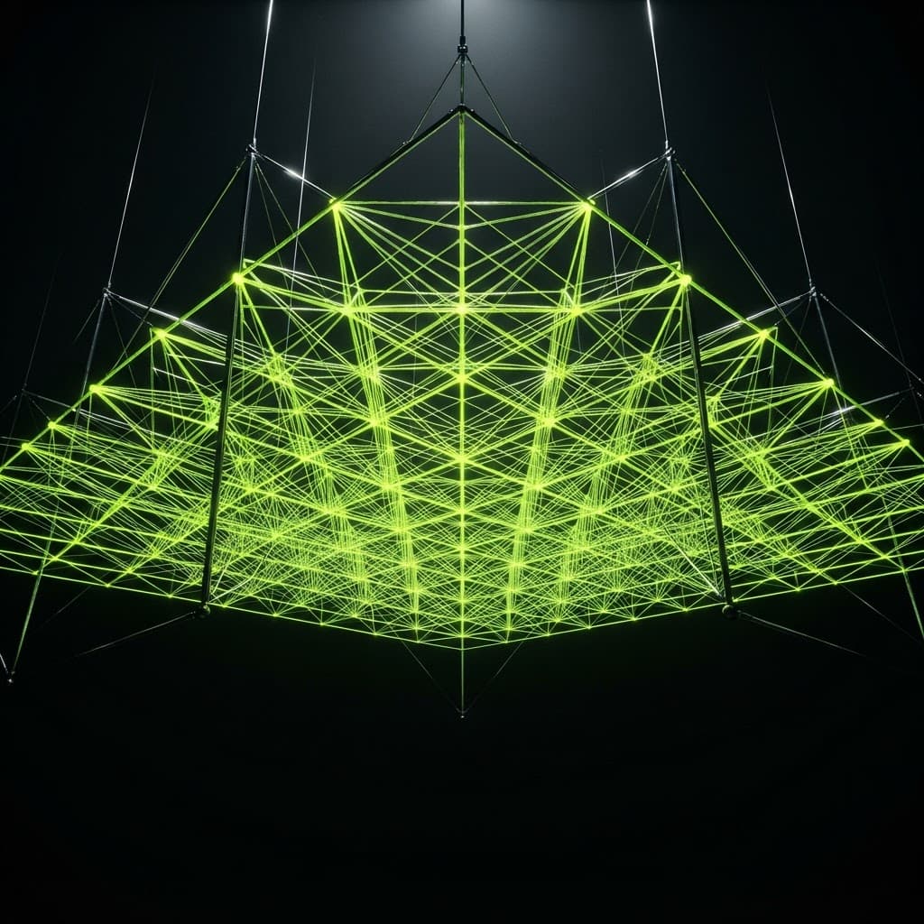 Glowing volt-green fiber-optic grid structure in a dark void