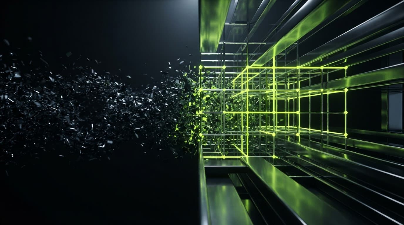 Abstract data transforming from chaos to an ordered glowing grid