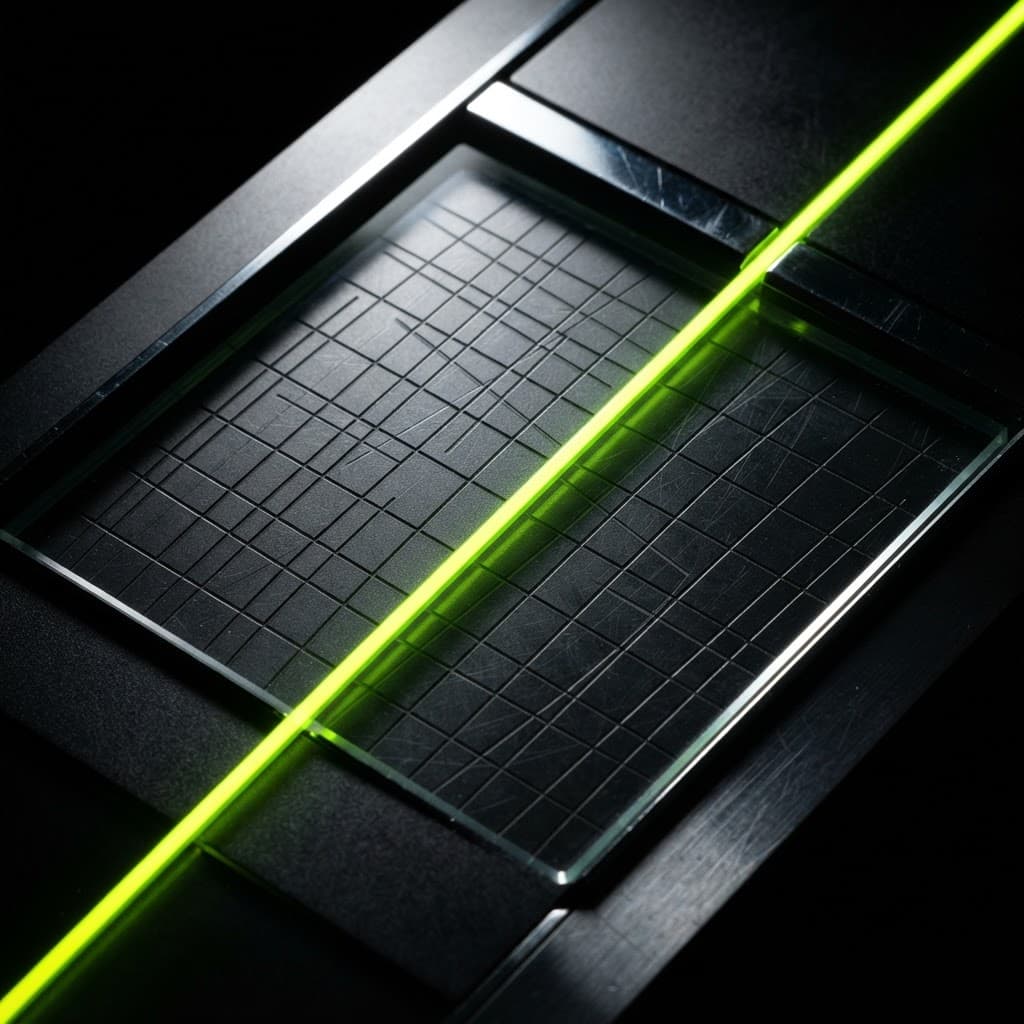 Etched glass and anodized aluminum panel with engraved grid